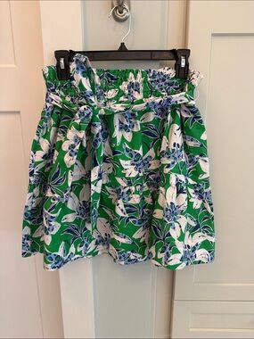 Anthropologie Green White Blue Floral Paperbag Waist Skirt